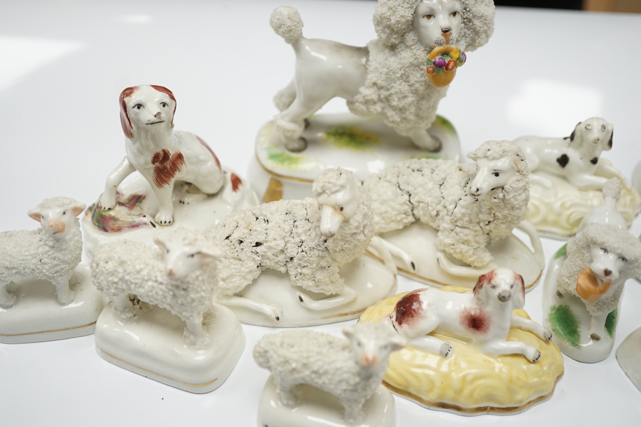 Two Samuel Alcock models of recumbent spaniels, a Staffordshire porcelain model of a seated spaniel and six similar sheep c.1830-50, and five Continental porcelain models of poodles (11)